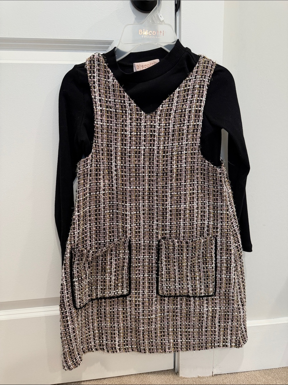 Biscotti Black Knit Top with Tweed Pinafore Dress